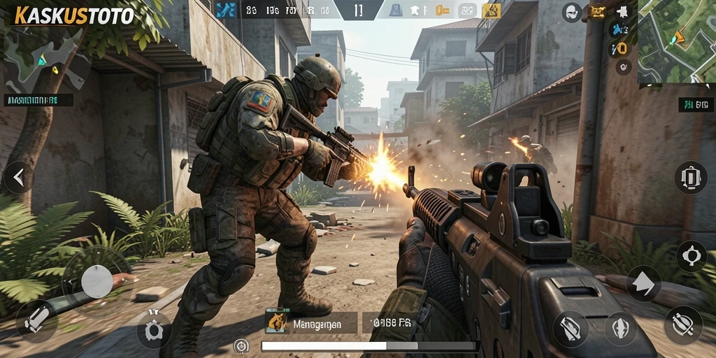 Screenshot KASKUSTOTO menunjukkan aksi intens dalam pertempuran FPS.