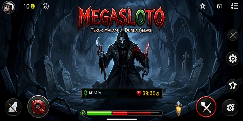 Screenshot menunjukkan momen menegangkan dalam MEGASLOTO dengan suasana gelap.